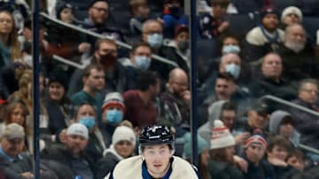COLUMBUS, OH - JANUARY 23: Zach Werenski #8 of the Columbus Blue Jackets controls the puck during the game against the Ottawa Senators at Nationwide Arena on January 23, 2022 in Columbus, Ohio. (Photo by Kirk Irwin/Getty Images)