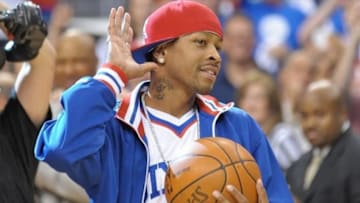 May 23, 2012; Philadelphia, PA USA; Philadelphia 76ers former guard Allen Iverson before the start of game six against the Boston Celtics in the Eastern Conference semifinals of the 2012 NBA Playoffs at the Wells Fargo Center. Mandatory Credit: Eric Hartline-USA TODAY Sports