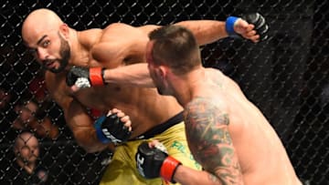 LINCOLN, NE - AUGUST 25: (R-L) James Krause punches Warlley Alves of Brazil in their welterweight fight during the UFC Fight Night event at Pinnacle Bank Arena on August 25, 2018 in Lincoln, Nebraska. (Photo by Josh Hedges/Zuffa LLC/Zuffa LLC via Getty Images)