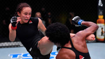LAS VEGAS, NEVADA - SEPTEMBER 12: (L-R) Michelle Waterson kicks Angela Hill in a strawweight fight during the UFC Fight Night event at UFC APEX on September 12, 2020 in Las Vegas, Nevada. (Photo by Jeff Bottari/Zuffa LLC)