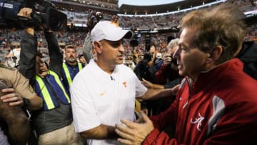 Jeremy Pruitt of the Tennessee Volunteers and Nick Saban of the Alabama Crimson Tide (Photo by Donald Page/Getty Images)
