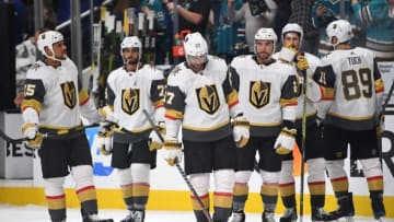 SAN JOSE, CA - APRIL 23: The Vegas Golden Knights react after their overtime loss to the San Jose Sharks in Game Seven of the Western Conference First Round during the 2019 Stanley Cup Playoffs at SAP Center on April 23, 2019 in San Jose, California. (Photo by Jeff Bottari/NHLI via Getty Images)