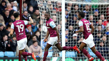 BIRMINGHAM, ENGLAND - JANUARY 06: Keinan Davis (C) of Aston Villa celebrates scoring the opening goal during the The Emirates FA Cup Third Round match between Aston Villa and Peterborough United at Villa Park on January 6, 2018 in Birmingham, England. (Photo by Mark Thompson/Getty Images)