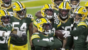 Green Bay Packers free safety Darnell Savage (26) celebrates a first-half interception against the Chicago Bears on Sunday, November 29, 2020, at Lambeau Field in Green Bay, Wis.Apc Packers Vs Bears 00438 112920 Wag