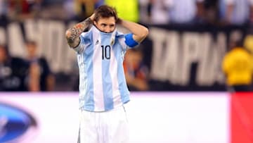 Jun 26, 2016; East Rutherford, NJ, USA; Argentina midfielder Lionel Messi (10) reacts during penalty kicks during the championship match of the 2016 Copa America Centenario soccer tournament against Chile at MetLife Stadium. Chile defeated Argentina 0-0 (4-2). Mandatory Credit: Brad Penner-USA TODAY Sports