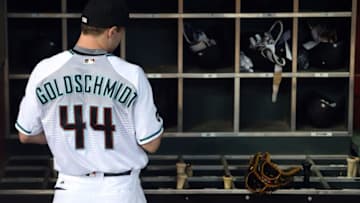 Jun 28, 2016; Phoenix, AZ, USA; Arizona Diamondbacks first baseman Paul Goldschmidt (44) prepares his equipment prior to facing the Philadelphia Phillies at Chase Field. Mandatory Credit: Joe Camporeale-USA TODAY Sports