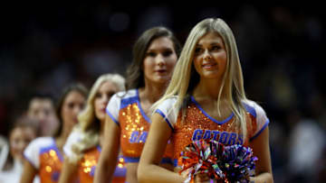 DES MOINES, IOWA - MARCH 23: The Florida Gators cheerleaders perform against the Michigan Wolverines during the first half in the second round game of the 2019 NCAA Men's Basketball Tournament at Wells Fargo Arena on March 23, 2019 in Des Moines, Iowa. (Photo by Jamie Squire/Getty Images)