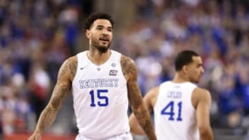 Apr 4, 2015; Indianapolis, IN, USA; Kentucky Wildcats forward Willie Cauley-Stein (15) reacts after a dunk against the Wisconsin Badgers in the first half of the 2015 NCAA Men