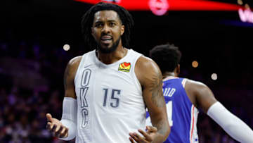 Derrick Favors #15 of the Oklahoma City Thunder reacts during the first quarter against the Philadelphia 76ers at Wells Fargo Center on February 11, 2022 in Philadelphia, Pennsylvania. (Photo by Tim Nwachukwu/Getty Images)