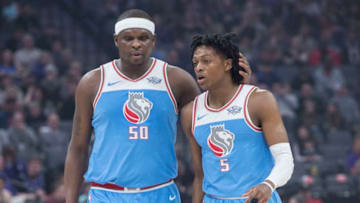 Sacramento Kings forward Zach Randolph (50) talks with teammate De'Aaron Fox (5) during action against the Detroit Pistons at the Golden 1 Center in Sacramento, Calif., on March 19, 2018. (Hector Amezcua/Sacramento Bee/TNS via Getty Images)