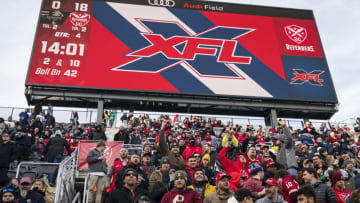 WASHINGTON, DC - FEBRUARY 15: A general view of the scoreboard displaying the XFL logo during the game between the DC Defenders and the NY Guardians at Audi Field on February 15, 2020 in Washington, DC. (Photo by Scott Taetsch/Getty Images)
