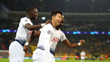 LONDON, ENGLAND - FEBRUARY 13: Son Heung-Min of Tottenham celebrates scoring to make it 1-0 during the UEFA Champions League Round of 16 First Leg match between Tottenham Hotspur and Borussia Dortmund at Wembley Stadium on February 13, 2019 in London, England. (Photo by Catherine Ivill/Getty Images)