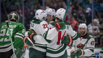 Minnesota Wild forward Kevin Fiala, left, celebrates a goal with teammates Joel Eriksson Ek and Alex Goligoski in a loss to the Dallas Stars on Monday.(Jerome Miron-USA TODAY Sports)