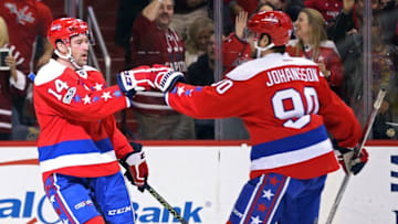 Jan 5, 2017; Washington, DC, USA; Washington Capitals right wing Justin Williams (14) celebrates with Capitals center Marcus Johansson (90) after scoring a goal against the Columbus Blue Jackets in the third period at Verizon Center. The Capitals won 5-0. Mandatory Credit: Geoff Burke-USA TODAY Sports