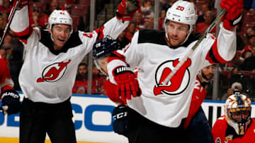 SUNRISE, FL - APRIL 6: Blake Coleman #20 of the New Jersey Devils celebrates his goal with teammates during the second period against the Florida Panthers at the BB&T Center on April 6, 2019 in Sunrise, Florida. (Photo by Eliot J. Schechter/NHLI via Getty Images)