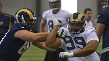 Jul 22, 2014; St. Louis, MO, USA; St. Louis Rams defensive tackle Aaron Donald (99) runs through drills at Rams Park. Mandatory Credit: Jeff Curry-USA TODAY Sports