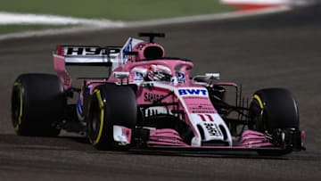 BAHRAIN, BAHRAIN - APRIL 08: Sergio Perez of Mexico driving the (11) Sahara Force India F1 Team VJM11 Mercedes on track during the Bahrain Formula One Grand Prix at Bahrain International Circuit on April 8, 2018 in Bahrain, Bahrain. (Photo by Mark Thompson/Getty Images)