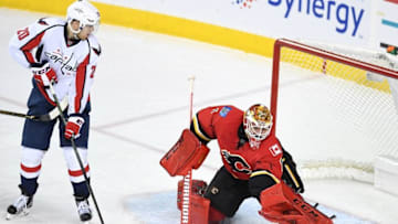 Oct 30, 2016; Calgary, Alberta, CAN; Calgary Flames goalie Brian Elliot (1) stops a shot from the Washington Capitals in the third period at Scotiabank Saddledome. Capitals won 3-1. Mandatory Credit: Candice Ward-USA TODAY Sports
