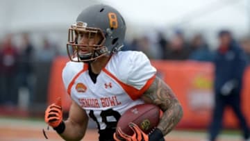 Jan 27, 2016; Mobile, AL, USA; North squad wide receiver D.J. Foster of Arizona State (18) carries the ball during Senior Bowl practice at Ladd-Peebles Stadium. Mandatory Credit: Glenn Andrews-USA TODAY Sports
