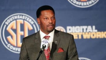 Jul 17, 2013; Hoover, AL, USA; Texas A&M Aggies head coach Kevin Sumlin talks with the media during the 2013 SEC football media days at the Hyatt Regency. Mandatory Credit: Marvin Gentry-USA TODAY Sports