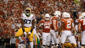 AUSTIN, TX - SEPTEMBER 07: Glen Logan #97 of the LSU Tigers celebrates after a sack in the fourth quarter against the Texas Longhorns at Darrell K Royal-Texas Memorial Stadium on September 7, 2019 in Austin, Texas. (Photo by Tim Warner/Getty Images)
