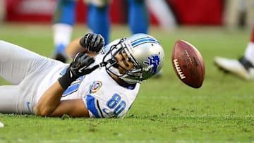 Dec. 16, 2012; Glendale, AZ, USA: Detroit Lions wide receiver Brian Robiskie (80) against the Arizona Cardinals at University of Phoenix Stadium. The Cardinals defeated the Lions 38-10. Mandatory Credit: Mark J. Rebilas-USA TODAY Sports