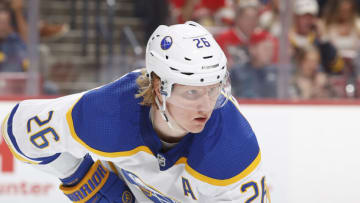 SUNRISE, FL - FEBRUARY 24: Rasmus Dahlin #26 of the Buffalo Sabres prepares for a face-off against the Florida Panthers at the FLA Live Arena on February 24, 2023 in Sunrise, Florida. (Photo by Joel Auerbach/Getty Images)