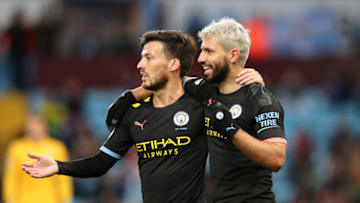BIRMINGHAM, ENGLAND - JANUARY 12: Sergio Aguero of Manchester City celebrates with David Silva after scoring his third goal and their sixth during the Premier League match between Aston Villa and Manchester City at Villa Park on January 12, 2020 in Birmingham, United Kingdom. (Photo by Alex Livesey - Danehouse/Getty Images)