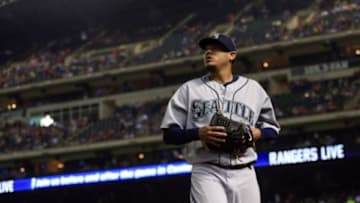 Apr 29, 2015; Arlington, TX, USA; Seattle Mariners starting pitcher Felix Hernandez (34) during the game against the Texas Rangers at Globe Life Park in Arlington. Mandatory Credit: Kevin Jairaj-USA TODAY Sports