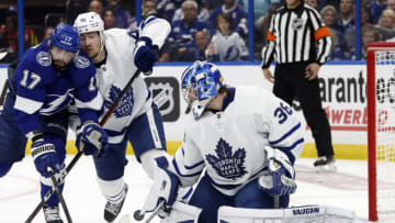 May 6, 2022; Tampa, Florida, USA;Toronto Maple Leafs goaltender Jack Campbell (36) makes s save against the Tampa Bay Lightning during the first period of game three of the first round of the 2022 Stanley Cup Playoffs against the Tampa Bay Lightning at Amalie Arena. Mandatory Credit: Kim Klement-USA TODAY Sports
