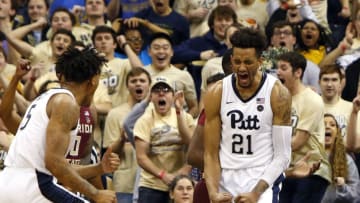 PITTSBURGH, PA - JANUARY 14: Terrell Brown #21 of the Pittsburgh Panthers celebrates after an and one against the Florida State Seminoles at Petersen Events Center on January 14, 2019 in Pittsburgh, Pennsylvania. (Photo by Justin K. Aller/Getty Images)