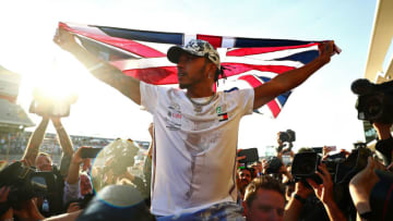 AUSTIN, TEXAS - NOVEMBER 03: 2019 Formula One World Drivers Champion Lewis Hamilton of Great Britain and Mercedes GP celebrates after the F1 Grand Prix of USA at Circuit of The Americas on November 03, 2019 in Austin, Texas. (Photo by Dan Istitene/Getty Images)