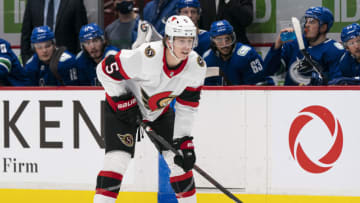 VANCOUVER, BC - JANUARY 27: Mike Reilly #5 of the Ottawa Senators during NHL hockey action against the Vancouver Canucks at Rogers Arena on January 27, 2021 in Vancouver, Canada. (Photo by Rich Lam/Getty Images)