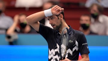 VIENNA, AUSTRIA - OCTOBER 30: Novak Djokovic of Serbia reacts during his quarter finals match against Lorenzo Sonego of Italy on day seven of the Erste Bank Open tennis tournament at Wiener Stadthalle on October 30, 2020 in Vienna, Austria. (Photo by Thomas Kronsteiner/Getty Images)