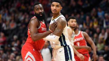 DENVER, CO - FEBRUARY 25: James Harden #13 of the Houston Rockets and Gary Harris #14 of the Denver Nuggets fight for position during the game at Pepsi Center on February 25, 2018 in Denver, Colorado. NOTE TO USER: User expressly acknowledges and agrees that, by downloading and or using this photograph, User is consenting to the terms and conditions of the Getty Images License Agreement. (Photo by Justin Tafoya/Getty Images)