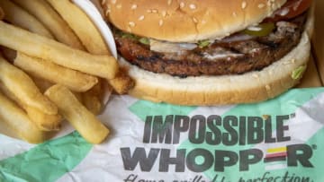 NEW YORK, NY - AUGUST 8: In this photo illustration, the new Impossible Whopper sits on a table on August 8, 2019 in the Brooklyn borough of New York City. On Thursday, Burger King is launching its soy-based Impossible Whopper at locations nationwide. The meatless patties are produced by California tech startup Impossible Foods. A single Impossible Whopper sandwich costs $5.99. (Photo by Drew Angerer/Getty Images)