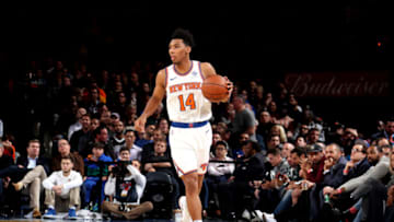NEW YORK, NY - OCTOBER 29: Allonzo Trier #14 of the New York Knicks handles the ball against the Brooklyn Nets on October 29, 2018 at Madison Square Garden in New York City, New York. NOTE TO USER: User expressly acknowledges and agrees that, by downloading and or using this photograph, User is consenting to the terms and conditions of the Getty Images License Agreement. Mandatory Copyright Notice: Copyright 2018 NBAE (Photo by Nathaniel S. Butler/NBAE via Getty Images)
