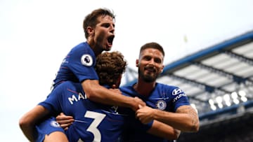 LONDON, ENGLAND - AUGUST 18: Marcos Alonso of Chelsea celebrates after scoring his team's third goal with team mates Cesar Azpilicueta and Olivier Giroud during the Premier League match between Chelsea FC and Arsenal FC at Stamford Bridge on August 18, 2018 in London, United Kingdom. (Photo by Darren Walsh/Chelsea FC via Getty Images)