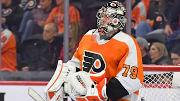 Apr 5, 2022; Philadelphia, Pennsylvania, USA; Philadelphia Flyers goaltender Carter Hart (79) against the Columbus Blue Jackets at Wells Fargo Center. Mandatory Credit: Eric Hartline-USA TODAY Sports