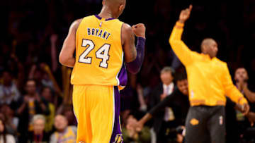 LOS ANGELES, CA - APRIL 13: Kobe Bryant #24 of the Los Angeles Lakers reacts in the fourth quarter while taking on the Utah Jazz at Staples Center on April 13, 2016 in Los Angeles, California. NOTE TO USER: User expressly acknowledges and agrees that, by downloading and or using this photograph, User is consenting to the terms and conditions of the Getty Images License Agreement. (Photo by Harry How/Getty Images)