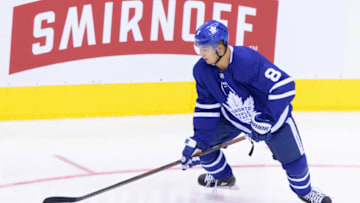 TORONTO, ON - SEPTEMBER 21: Toronto Maple Leafs Defenceman Connor Carrick (8) skates with the puck during the NHL preseason game between the Buffalo Sabres and the Toronto Maple Leafs on September 21, 2018, at Scotiabank Arena in Toronto, ON, Canada. (Photo by Julian Avram/Icon Sportswire via Getty Images)