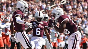 Sep 24, 2022; Starkville, Mississippi, USA; Mississippi State Bulldogs running back Simeon Price (22) reacts with his teammates after a touchdown against the Bowling Green Falcons during the first quarter at Davis Wade Stadium at Scott Field. Mandatory Credit: Matt Bush-USA TODAY Sports