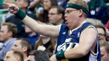 Mar 23, 2015; Salt Lake City, UT, USA; A Utah Jazz fan reacts during the first half against the Minnesota Timberwolves at EnergySolutions Arena. Mandatory Credit: Russ Isabella-USA TODAY Sports