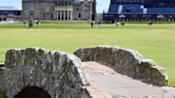 ST ANDREWS, SCOTLAND - JULY 4: The famous Swilcan Bridge on the Old Course, as preparations for the 150th Open Championship golf tournament near completion, on July 4, 2022, in St Andrews, Scotland. The 150th Open Championship will be played over the Old Course July 14-17, 2022. (Photo by Ken Jack/Getty Images)