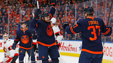 Edmonton Oilers Celebrate Goal Against Ottawa Senators. Mandatory Credit: Perry Nelson-USA TODAY Sports