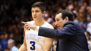 Feb 8, 2016; Durham, NC, USA; Duke Blue Devils head coach Mike Krzyzewski (R) talks to guard Grayson Allen (3) in the second half against the Louisville Cardinals at Cameron Indoor Stadium. Mandatory Credit: Mark Dolejs-USA TODAY Sports