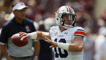 COLLEGE STATION, TEXAS - SEPTEMBER 21: Bo Nix #10 of the Auburn Tigers throws a pass during warmups before playing against the Texas A&M Aggies at Kyle Field on September 21, 2019 in College Station, Texas. (Photo by Bob Levey/Getty Images)