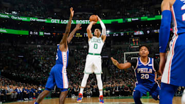 BOSTON, MA - OCTOBER 16: Jayson Tatum #0 of the Boston Celtics shoots the ball against the Philadelphia 76ers on October 16, 2018 at the TD Garden in Boston, Massachusetts. NOTE TO USER: User expressly acknowledges and agrees that, by downloading and or using this photograph, User is consenting to the terms and conditions of the Getty Images License Agreement. Mandatory Copyright Notice: Copyright 2018 NBAE (Photo by Brian Babineau/NBAE via Getty Images)