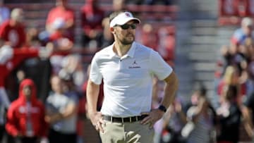 NORMAN, OK - OCTOBER 27: Head Coach Lincoln Riley of the Oklahoma Sooners watches warm ups before the game against the Kansas State Wildcats at Gaylord Family Oklahoma Memorial Stadium on October 27, 2018 in Norman, Oklahoma. Oklahoma defeated Kansas State 51-14. (Photo by Brett Deering/Getty Images)