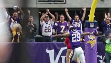 Nov 20, 2016; Minneapolis, MN, USA; Minnesota Vikings cornerback Xavier Rhodes (29) returns an interception 100 yards for a touchdown during the second quarter against the Arizona Cardinals at U.S. Bank Stadium. Mandatory Credit: Brace Hemmelgarn-USA TODAY Sports